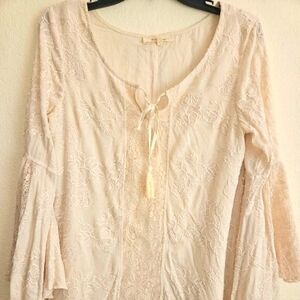 Creme Neutral Hippie Boho Mini Dress Tunic bell sleeve Embroider Floral Y2K M